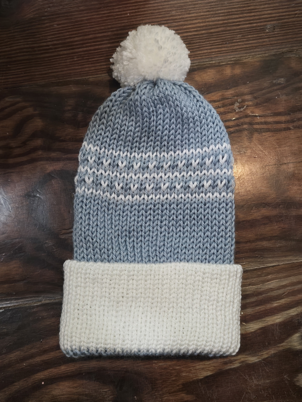 Hand Knit Blue & White Beanie with Pom Pom | Soft Winter Hat | Folded Brim Knit
